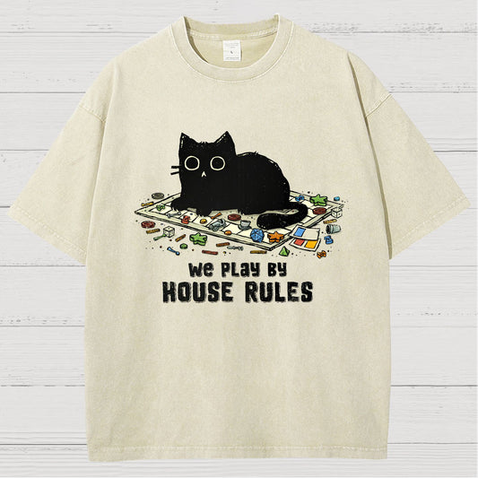 We Play By House Rules Funny Cat Vintage Distressed T-shirt