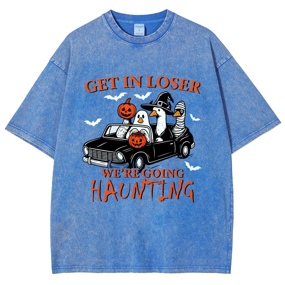 Get in Loser We’re Going Haunting Halloween Ghost Goose Vintage Distressed T-shirt