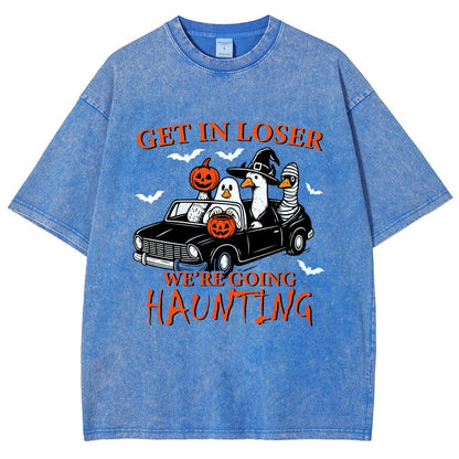 Get in Loser We’re Going Haunting Halloween Ghost Goose Vintage Distressed T-shirt