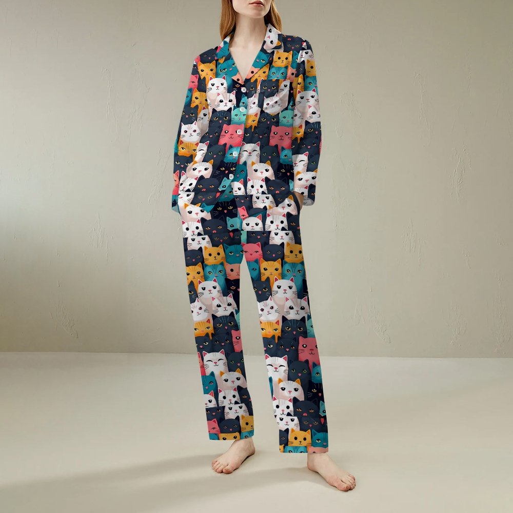 Cat Art Print Geek Long Sleeve Pajama Set
