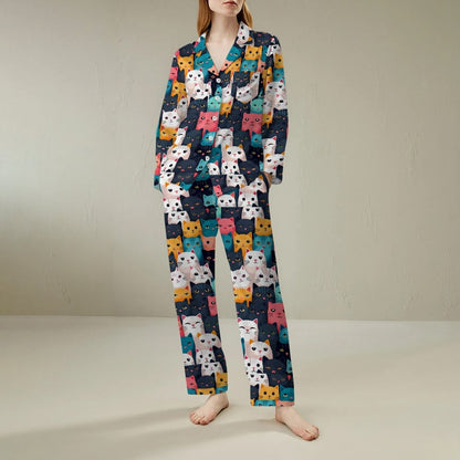 Cat Art Print Geek Long Sleeve Pajama Set