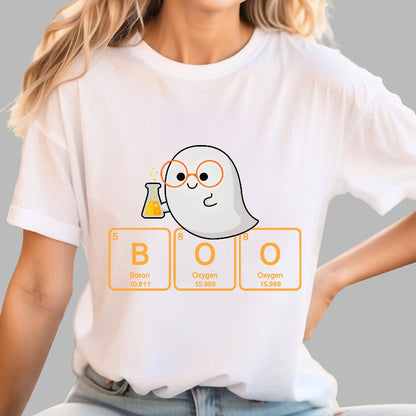 Ghost Scientist With Periodic Table of Elements that Spell BOO, Halloween Geek T-Shirt