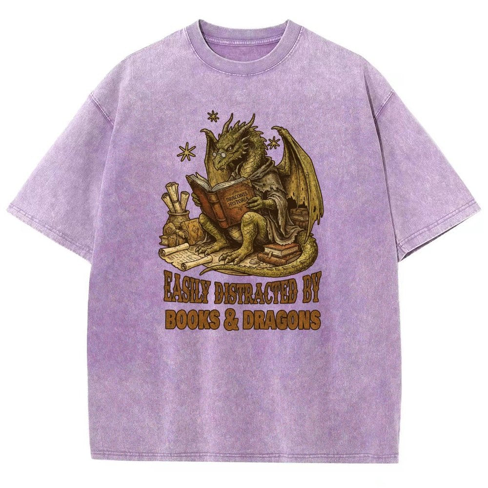 Easily Distracted by Books and Dragons Vintage Distressed T-shirt