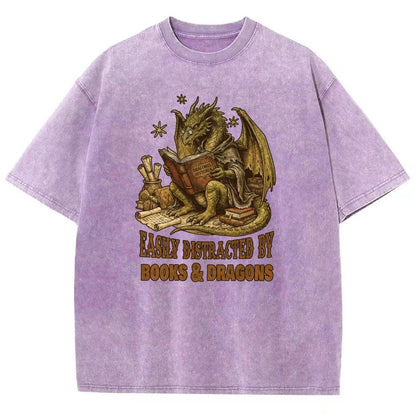 Easily Distracted by Books and Dragons Vintage Distressed T-shirt