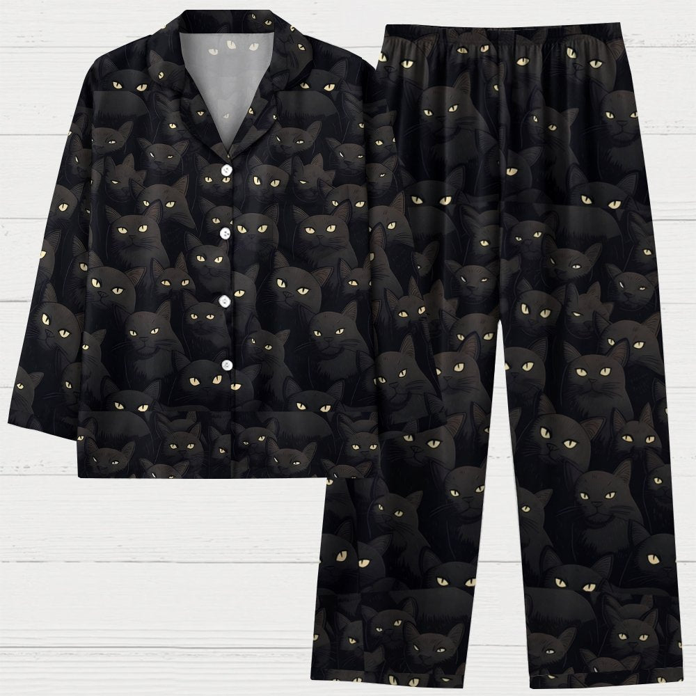 Black Cat Art Print Geek Long Sleeve Pajama Set