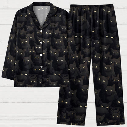Black Cat Art Print Geek Long Sleeve Pajama Set