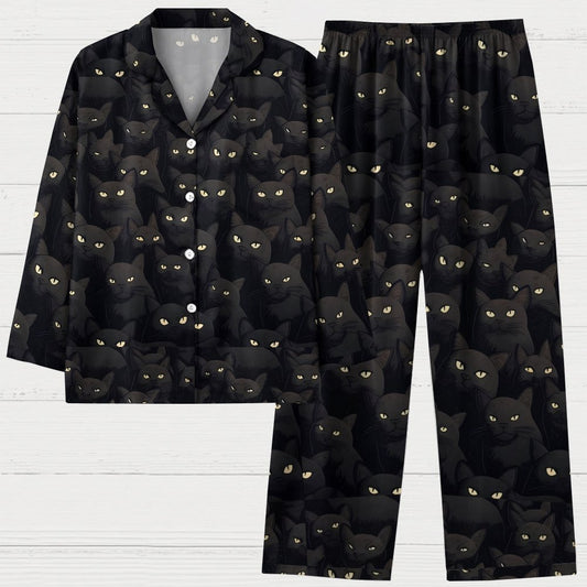 Black Cat Art Print Geek Long Sleeve Pajama Set