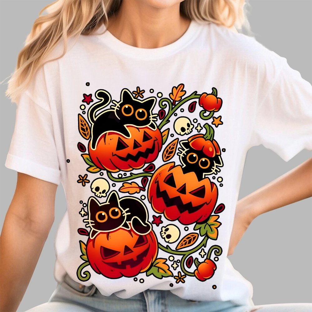 Black Cat Pumpkin Party Geek Cotton T-Shirt