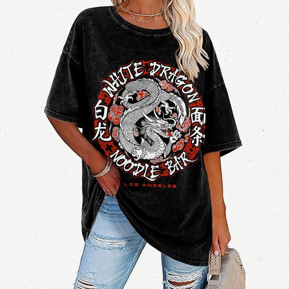 White Dragon Noodle Bar Oversized Vintage Distressed T-shirt