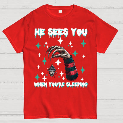 Horror Christmas He Sees You When You Are Sleeping Geek T-Shirt