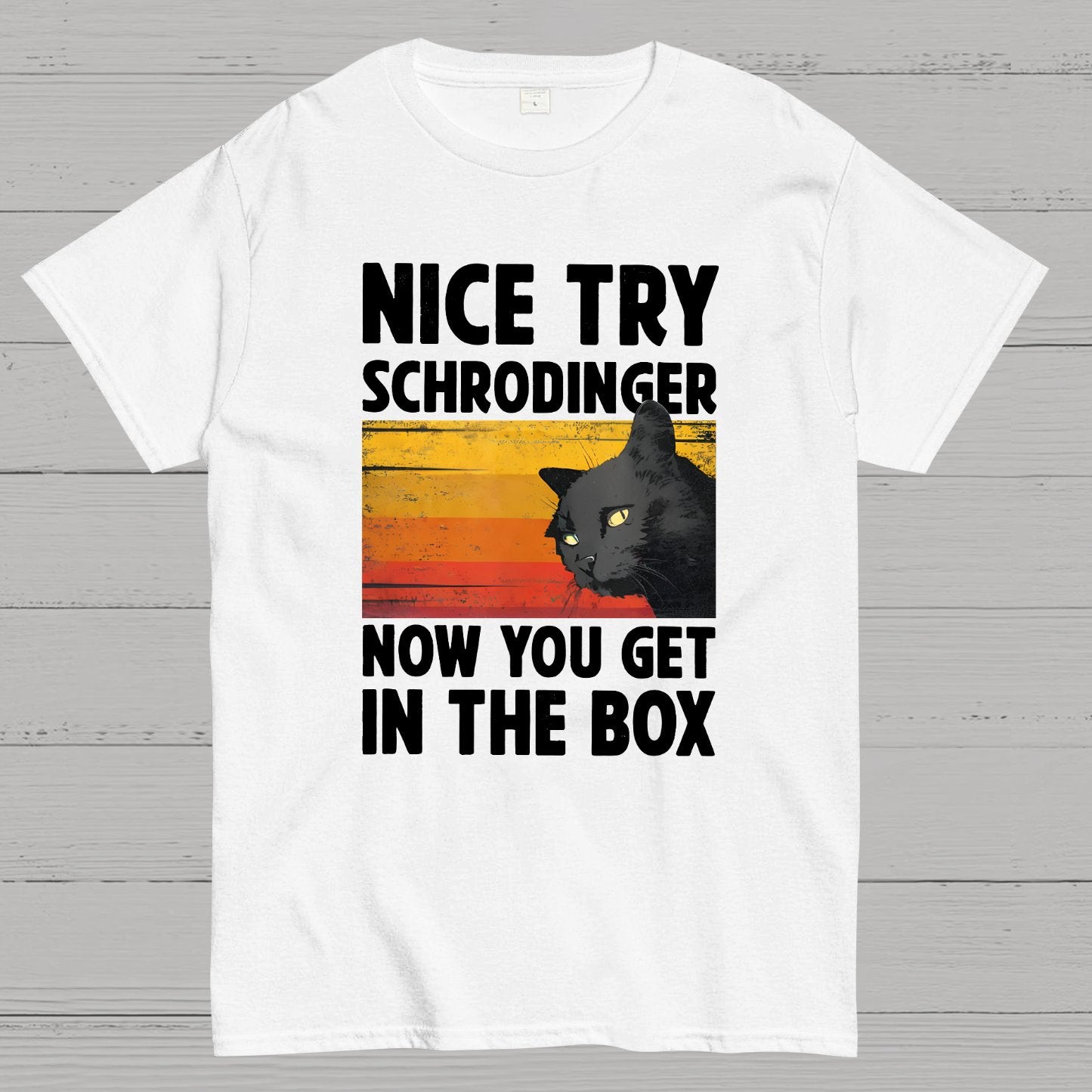 Nice Try Schrodinger Now You Get In The Box Black Cat Funny Nerdy T-Shirt