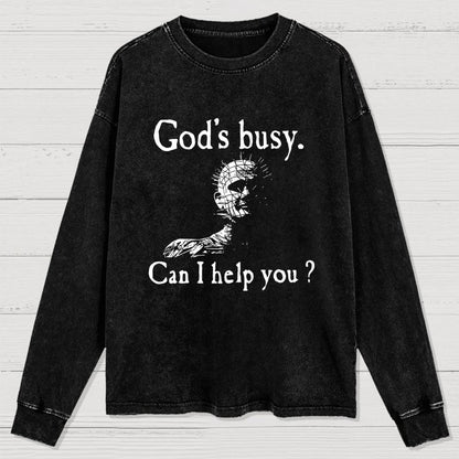 God's Busy Can I Help You? Washed Long Sleeve Tee