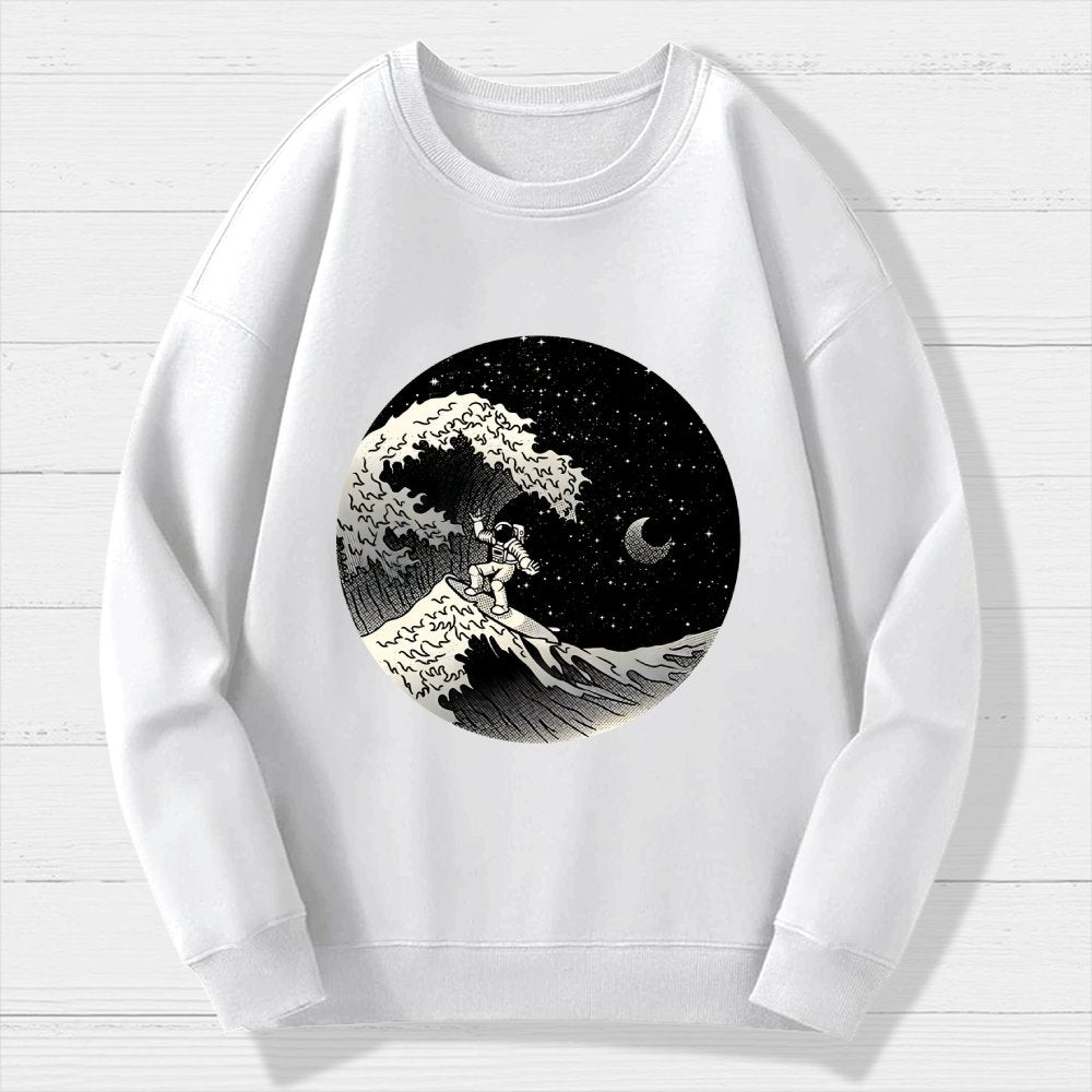 Astronaut Surfing Kanagawa Wave Geek Cotton Sweatshirt