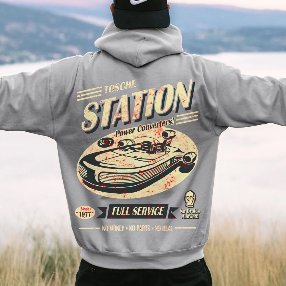 Classic Printed Back Cotton Hoodie with a Fictitious Location Design