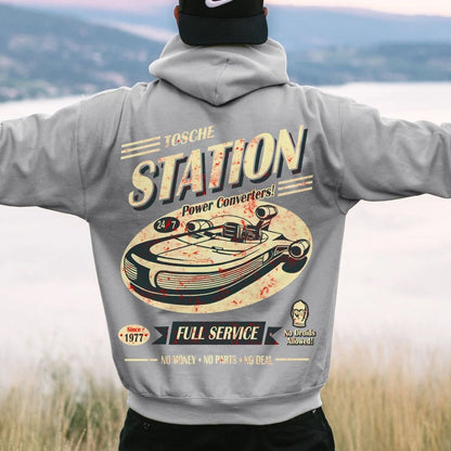 Classic Printed Back Cotton Hoodie with a Fictitious Location Design
