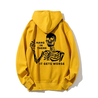 Hang In There Skeleton Printed Back Unisex Cotton Hoodie