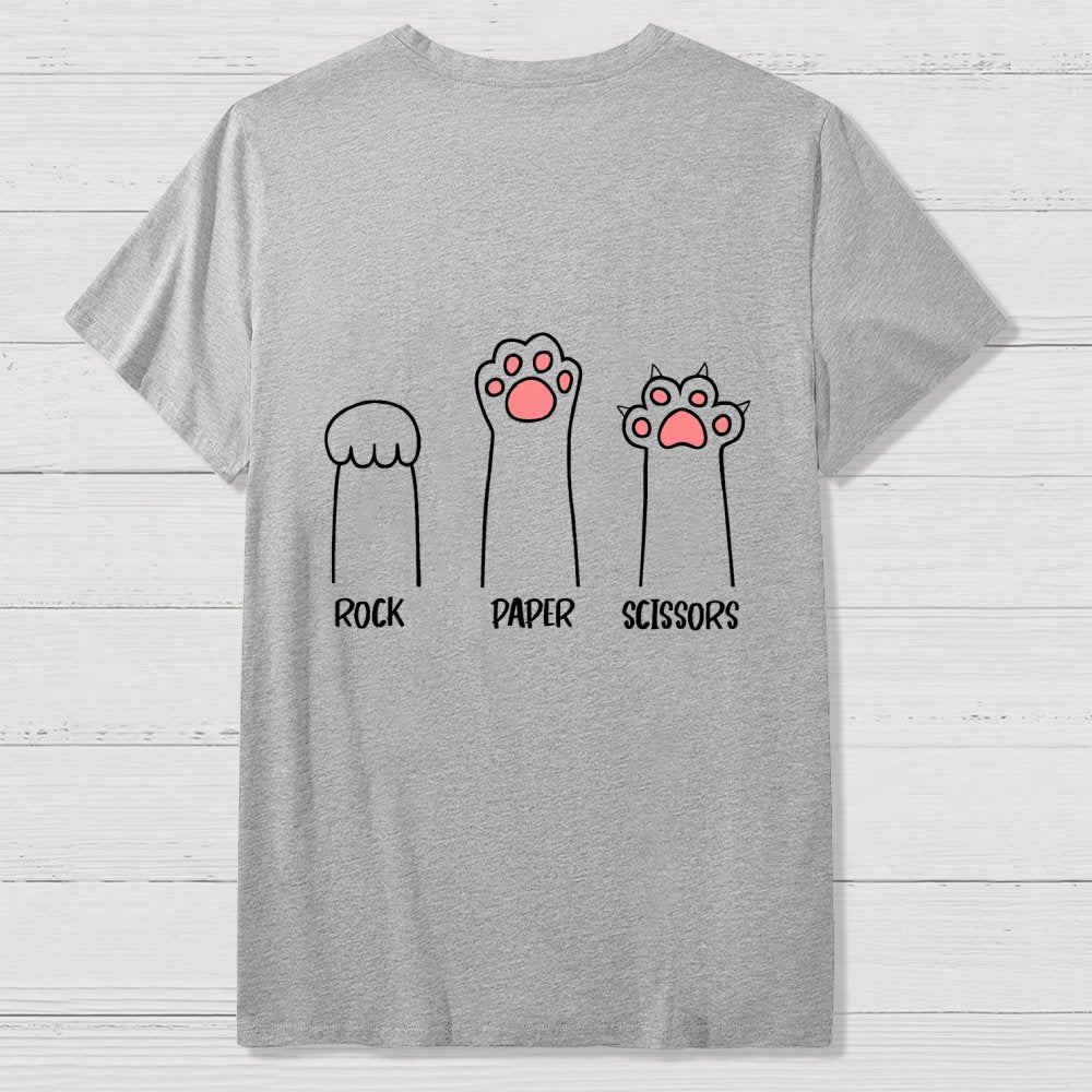 Rock Paper Scissors Hand Game Cute Paw Funny Cat Front And Back Printing Geek T-Shirt