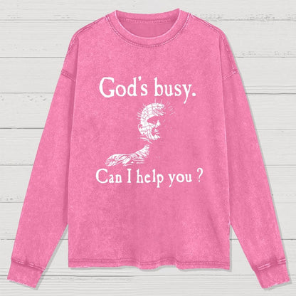 God's Busy Can I Help You? Washed Long Sleeve Tee