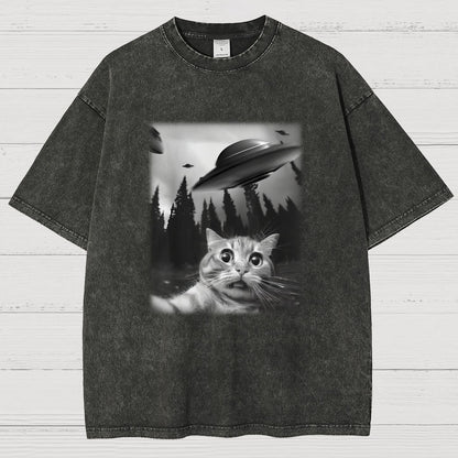 Cat With UFOs Vintage Distressed T-shirt