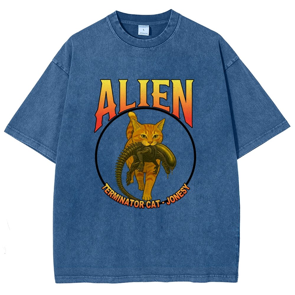 Black Cat Eating Alien Vintage Distressed T-shirt
