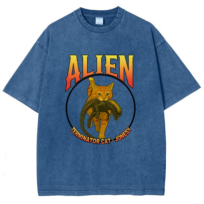 Black Cat Eating Alien Vintage Distressed T-shirt