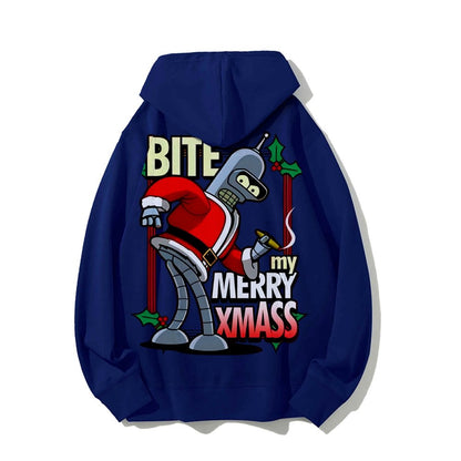 Happy Christmas From Robot Printed Back Cotton Hoodie