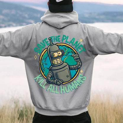 Save The Planet Kill All Humans Geek Printed Back Cotton Hoodie