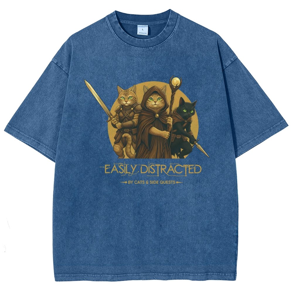Easily Distracted By Cats And Side Quests Vintage Distressed T-shirt