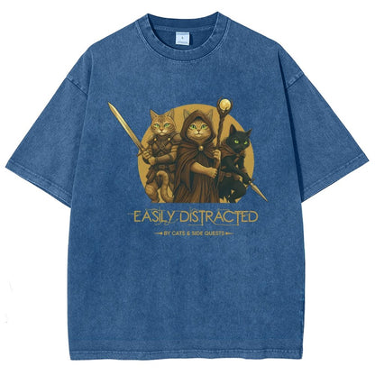 Easily Distracted By Cats And Side Quests Vintage Distressed T-shirt