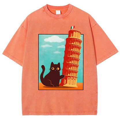 Purrfectly Tilted Funny Cat 。png Vintage Distressed T-shirt