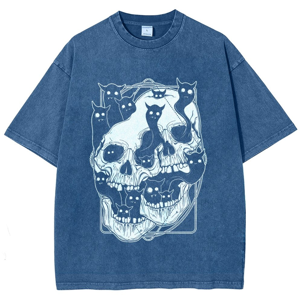 Cat Ghost Double Skull Vintage Distressed T-shirt