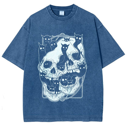 Cat Ghost Double Skull Vintage Distressed T-shirt