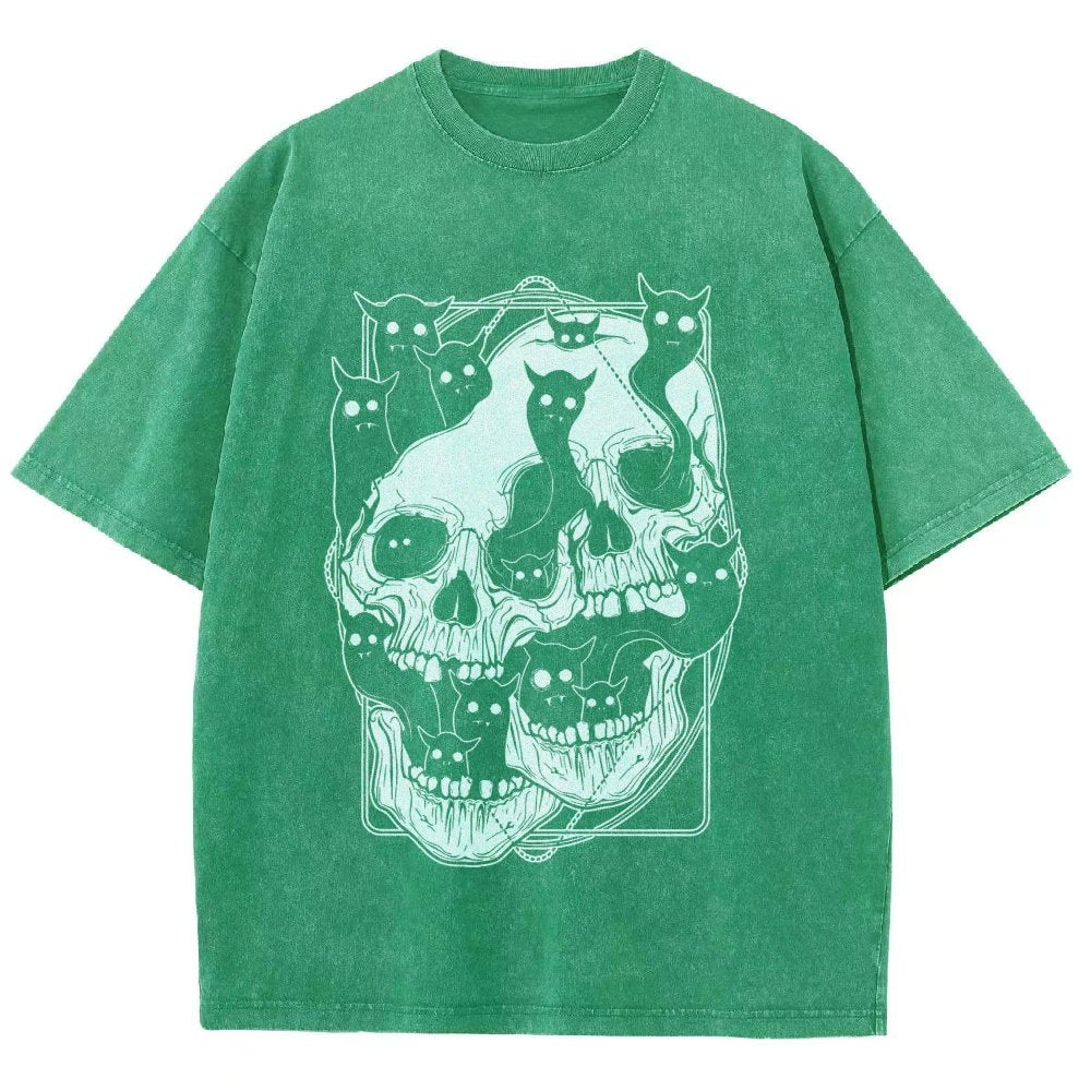 Cat Ghost Double Skull Vintage Distressed T-shirt