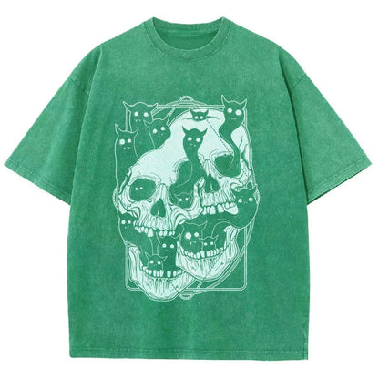 Cat Ghost Double Skull Vintage Distressed T-shirt