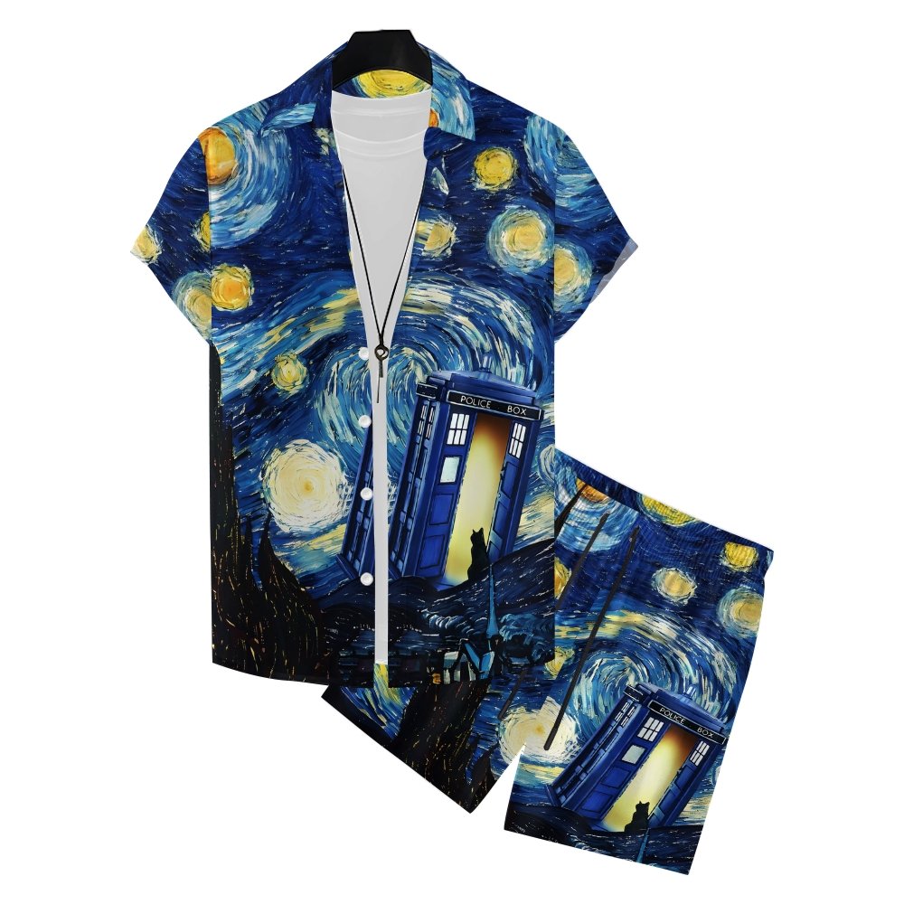 Flip The Starry Sky And Cat Hawaiian Shirt Set