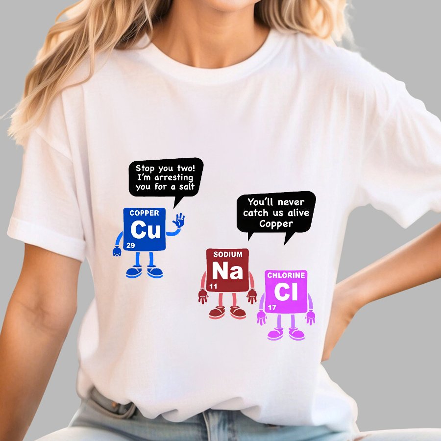 Funny Salt and Copper Periodic Table Police Pun Geeky T-Shirt