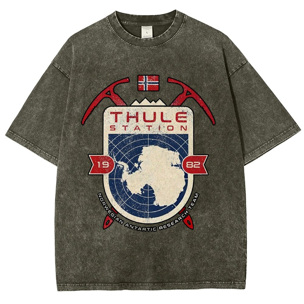 Vintage Distressed T-shirt with a Mysterious Station