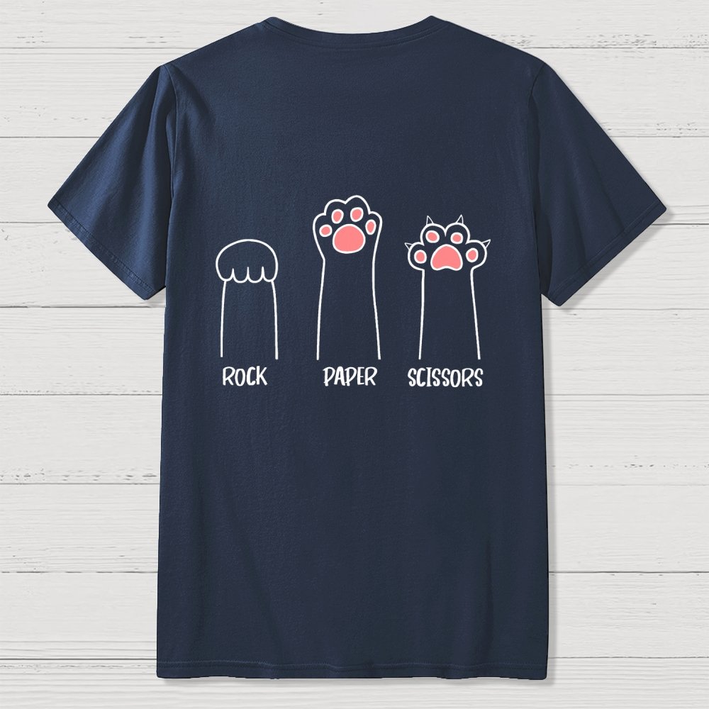 Rock Paper Scissors Hand Game Cute Paw Funny Cat Front And Back Printing Geek T-Shirt