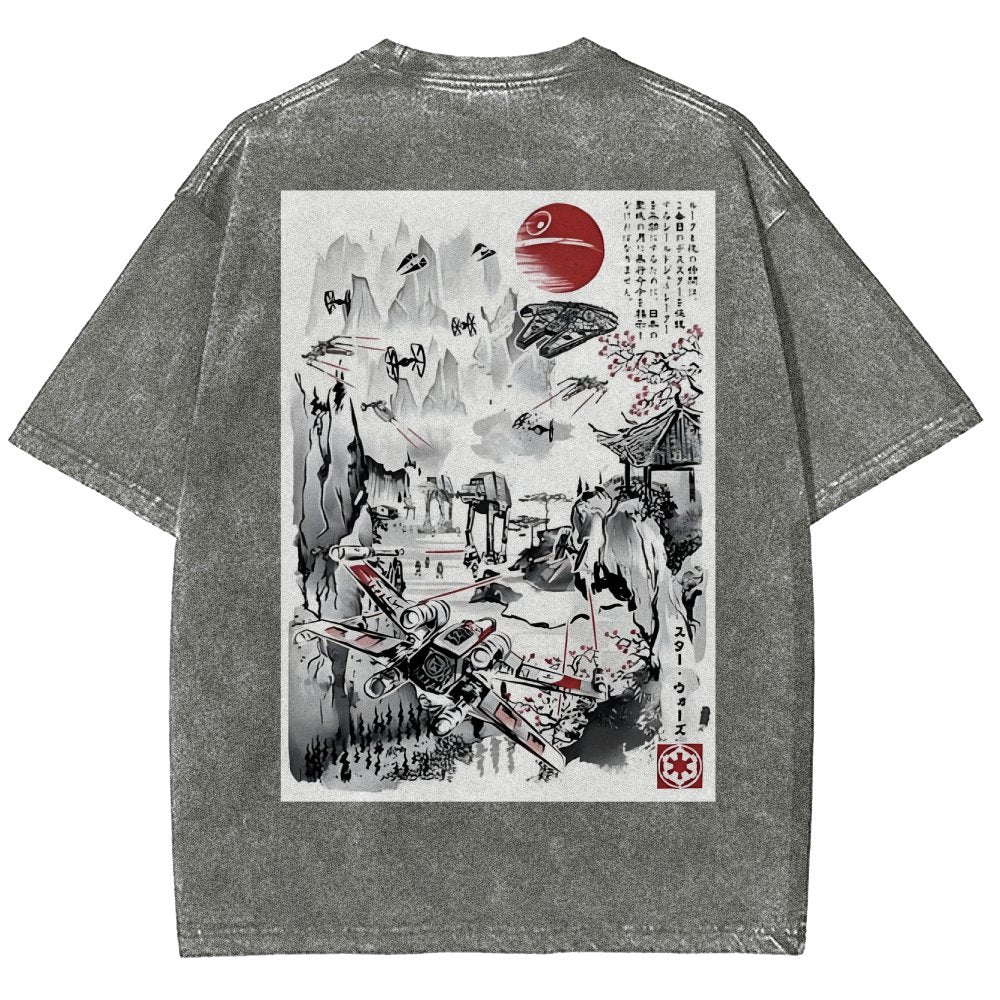Last Battle of the Cosmic Conflict Back Print Washed T-Shirt