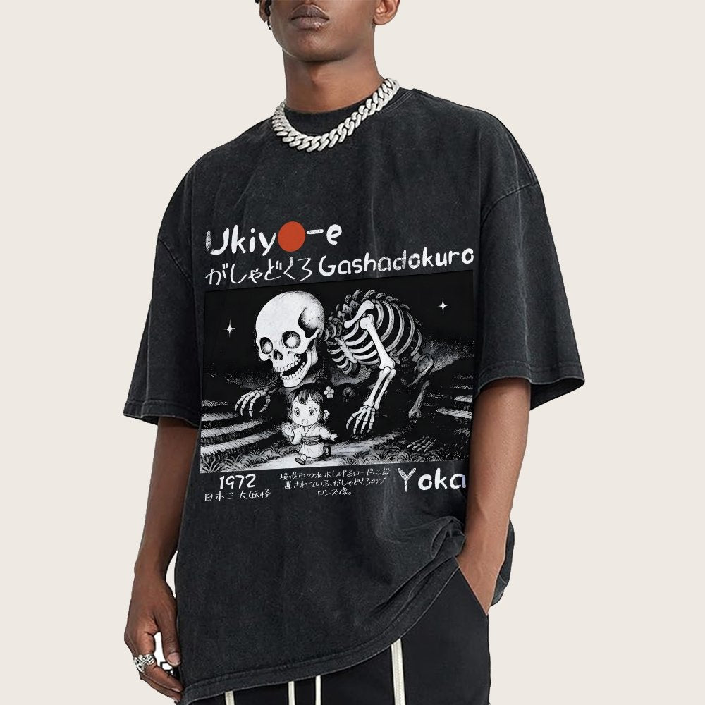 Gashadokuro Skeleton Yokai Ukiyo-e Vintage Distressed T-shirt