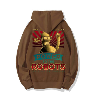 Power To The Robots Printed Back Cotton Hoodie