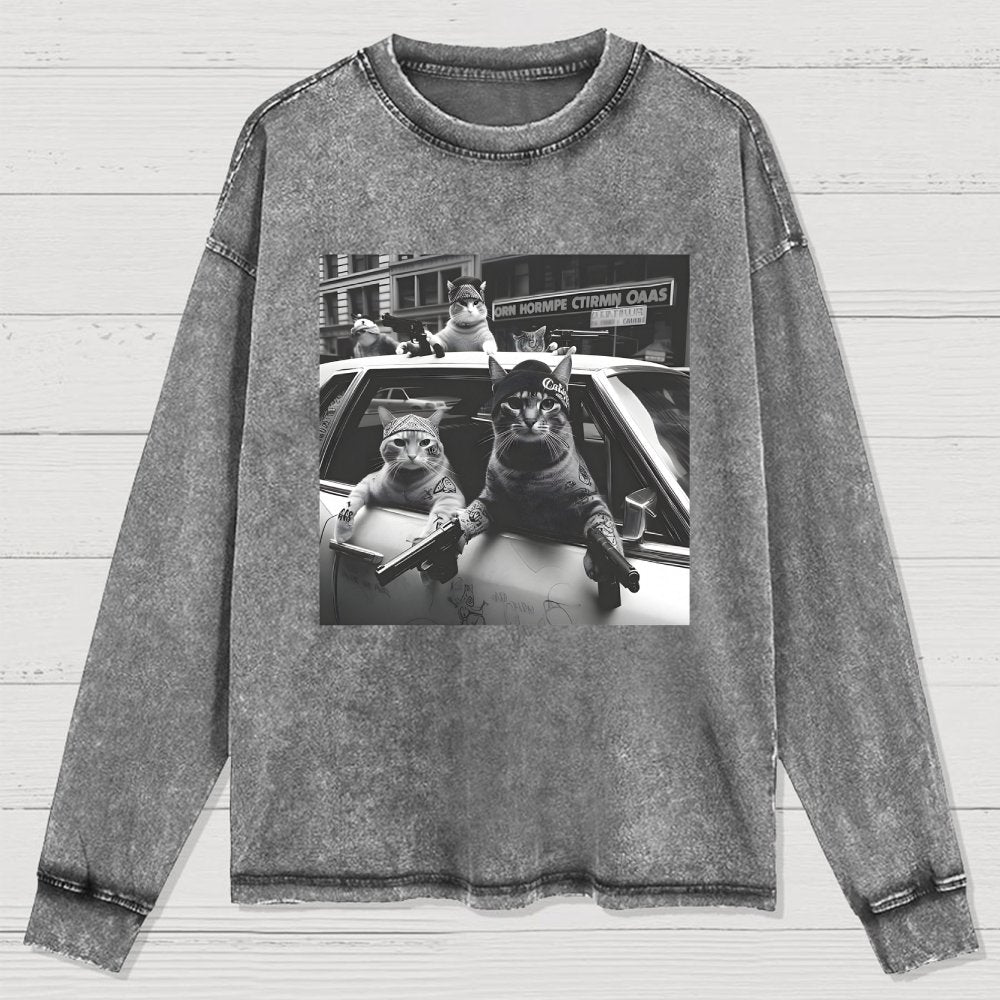 Funny Cat Gang Vintage Washed Long Sleeve Tee