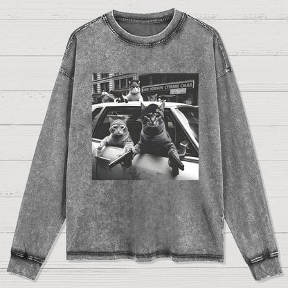 Funny Cat Gang Vintage Washed Long Sleeve Tee