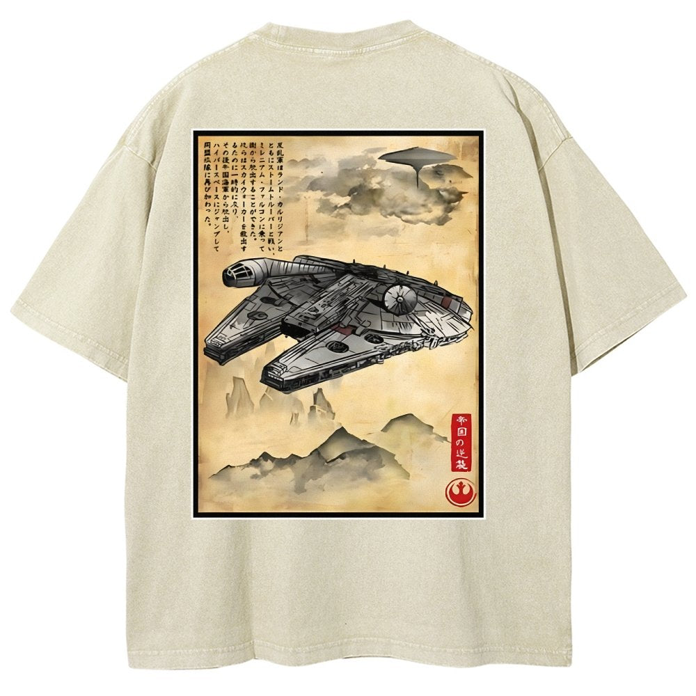 Escape from Sky City woodblock Back Print Washed T-Shirt