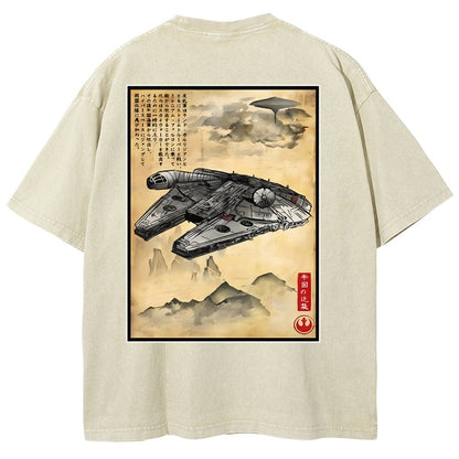 Escape from Sky City woodblock Back Print Washed T-Shirt
