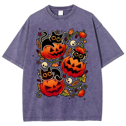 Black Cat Pumpkin Halloween Party Vintage Distressed T-shirt