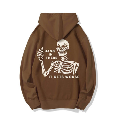 Hang In There Skeleton Printed Back Unisex Cotton Hoodie