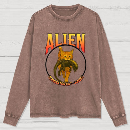 Black Cat Eating Alien Washed Long Sleeve Tee