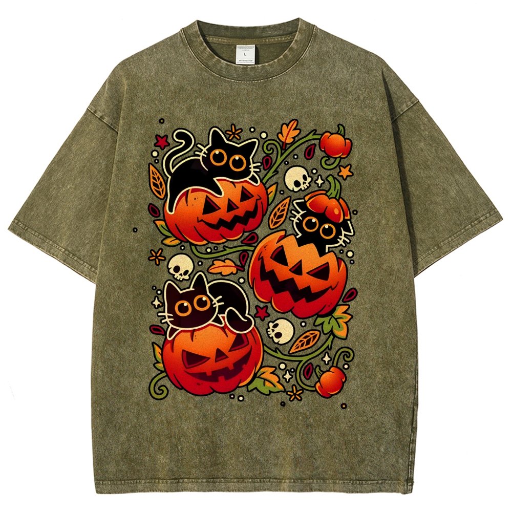 Black Cat Pumpkin Halloween Party Vintage Distressed T-shirt