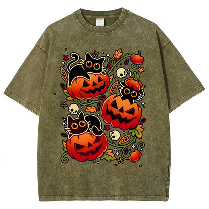 Black Cat Pumpkin Halloween Party Vintage Distressed T-shirt
